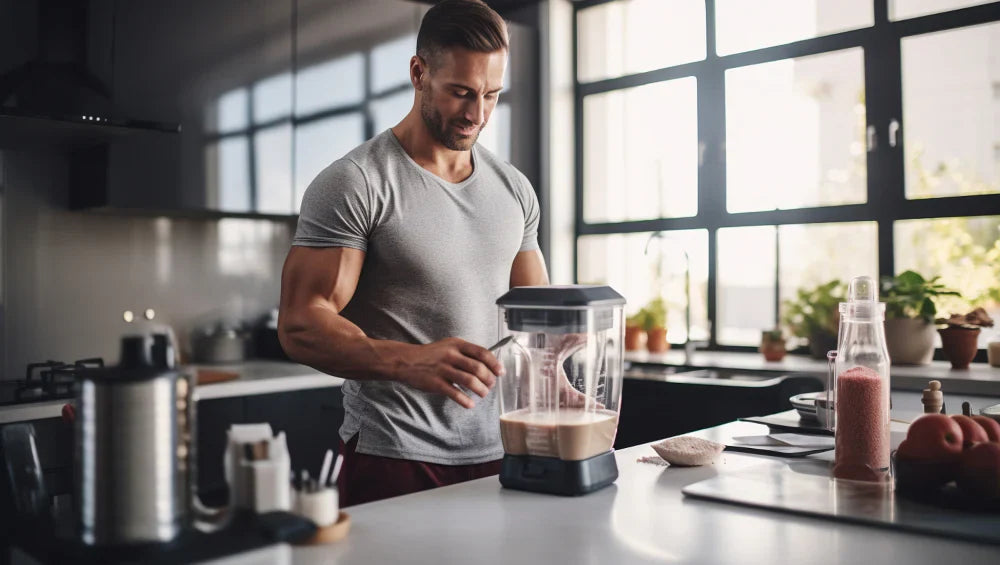 Homme musclé en T-Shirt gris dans une cuisine en train de cuisiné une collation protéinée maison