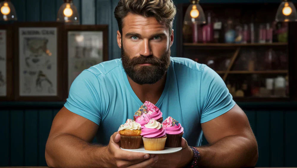 Homme musclé en T-Shirt bleu dans un salon, en train de présenter des cupcake