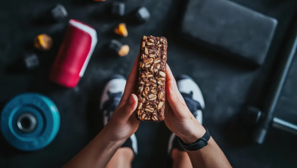 un homme tenant une barre céréales protéinée avec à ses pieds du matériels de musculation
