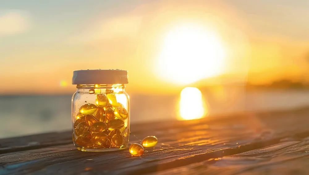 Un pilulier contenant plusieurs gélules de vitamines C sur une table en bois avec un couché de soleil en fond