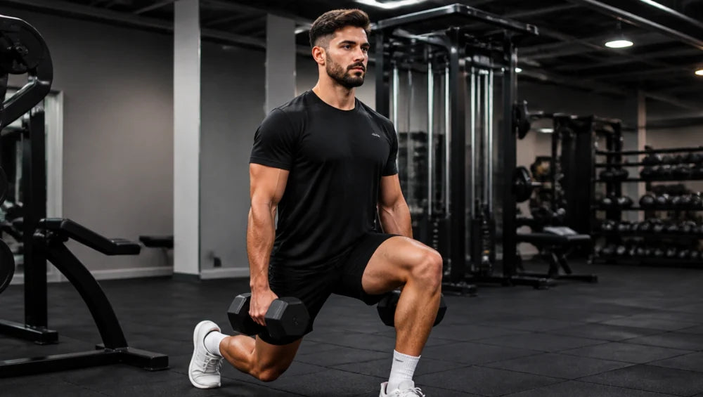 Homme qui fait une fente avant avec haltères dans une salle de musculation.