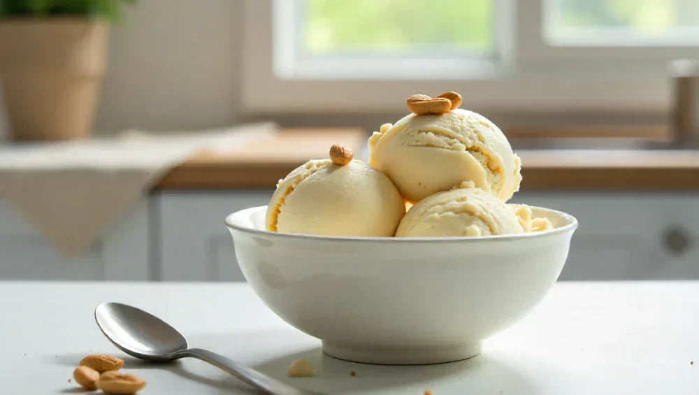 Glace à la vanille maison, dans un bol avec des cacahuètes