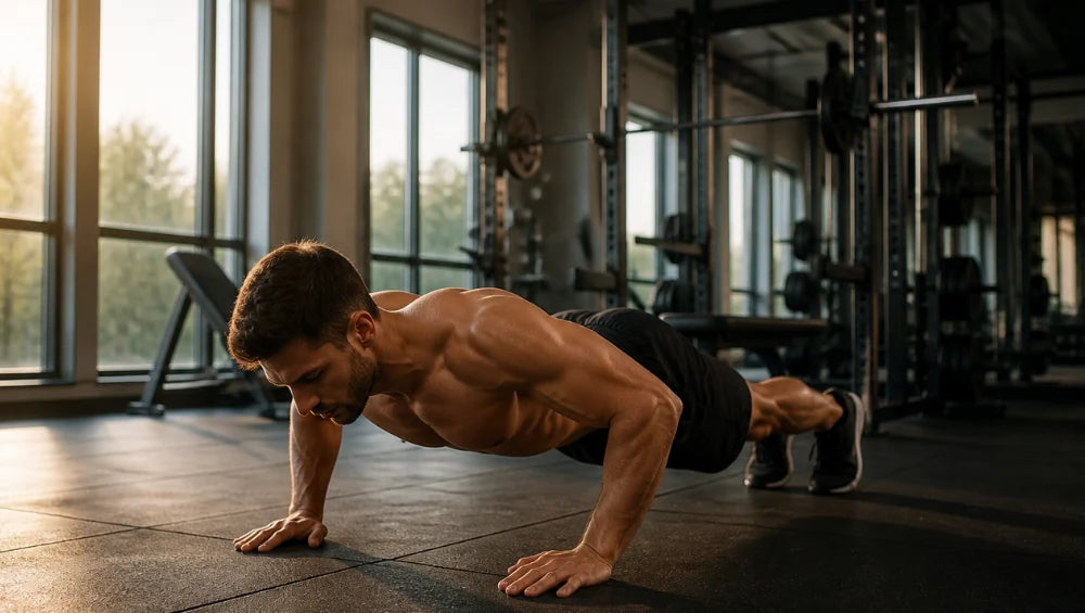 Homme musclé qui fait une pompe dans une salle de sport.