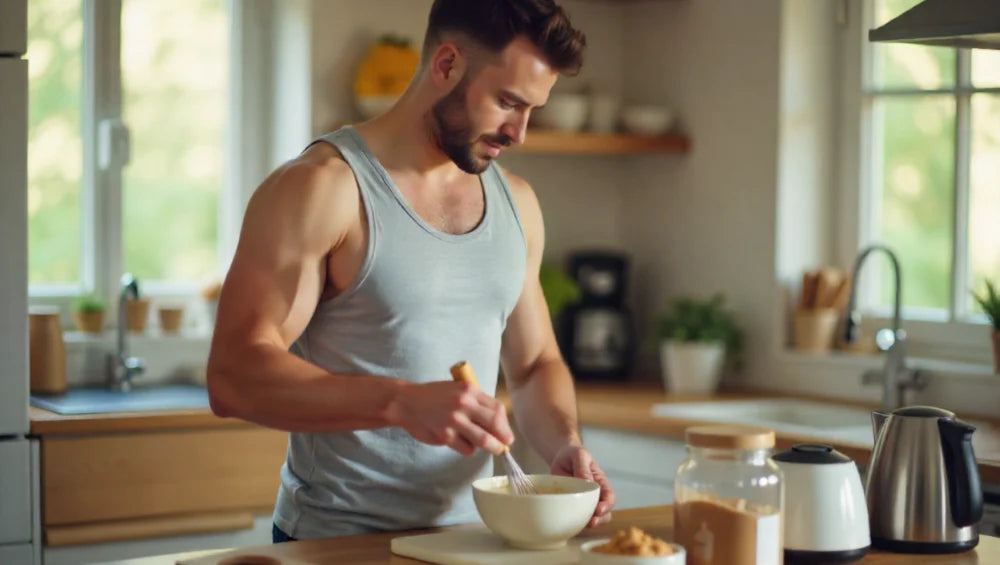 Homme qui fait une crème de riz dans sa cuisine avant d'aller à la salle de musculation