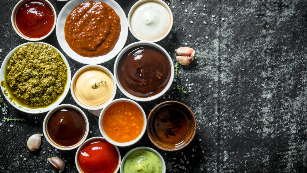 Image de plusieurs sauces à intégrer dans une routine alimentaire.