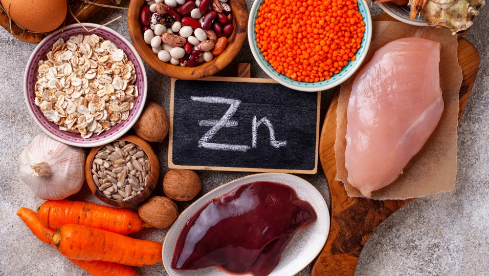 Image d'aliment riche en zinc (abats, poulet, légumes, légumineuses...).