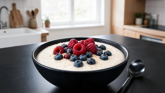 Image d'une crème de riz avec des fruits dessus, idéale pour les sportifs.
