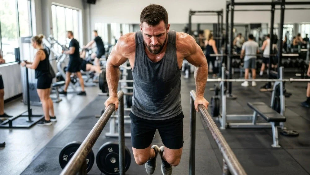 homme musclé qui fait des dips aux barres parallèles, dans une salle de musculation.