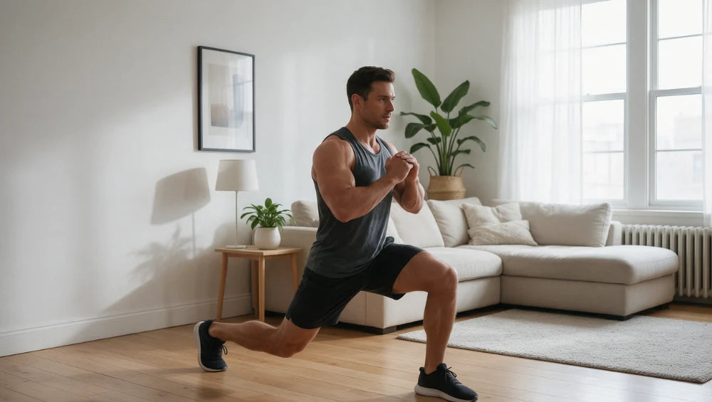 Homme qui fait une fente chez lui (un exercice au poids de corps).
