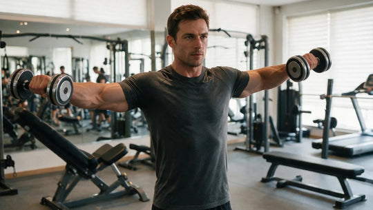Homme musclé qui fait des élévations latérales aux haltères pour muscler ses épaules.