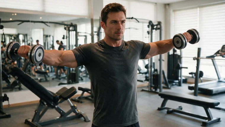 Homme musclé qui fait des élévations latérales aux haltères pour muscler ses épaules.