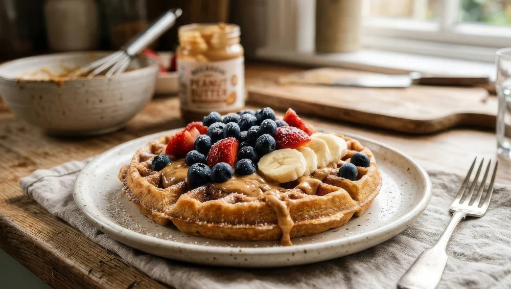 Gaufre à la farine d'avoine, avec des fruits rouges et du beurre de cacahuète dessus.
