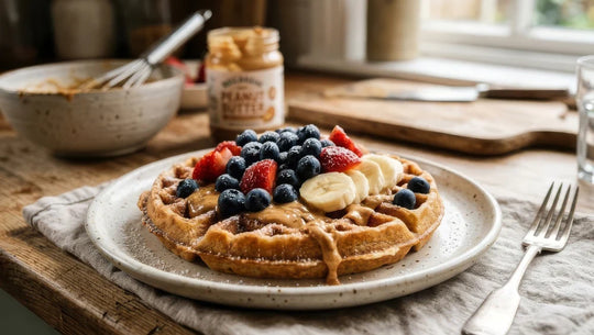 Gaufre à la farine d'avoine, avec des fruits rouges et du beurre de cacahuète dessus.