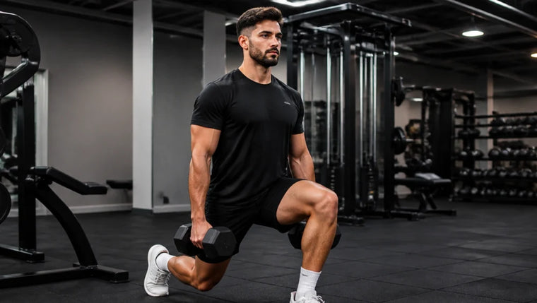 Homme qui fait une fente avant avec haltères dans une salle de musculation.