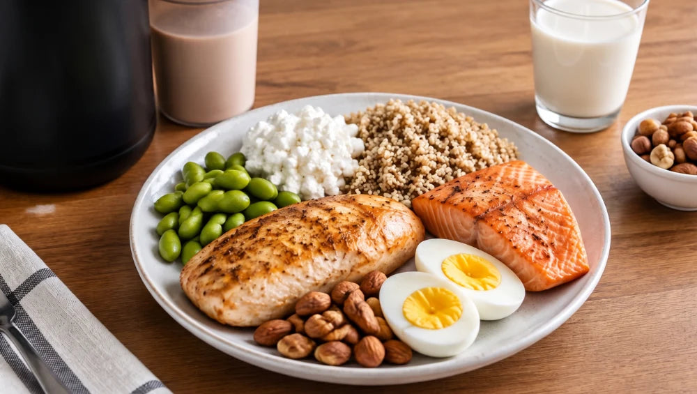 Image d'aliments riches en protéines (poisson, oeuf, dinde, poulet, noix, cottage cheese, lait, protéine en poudre).