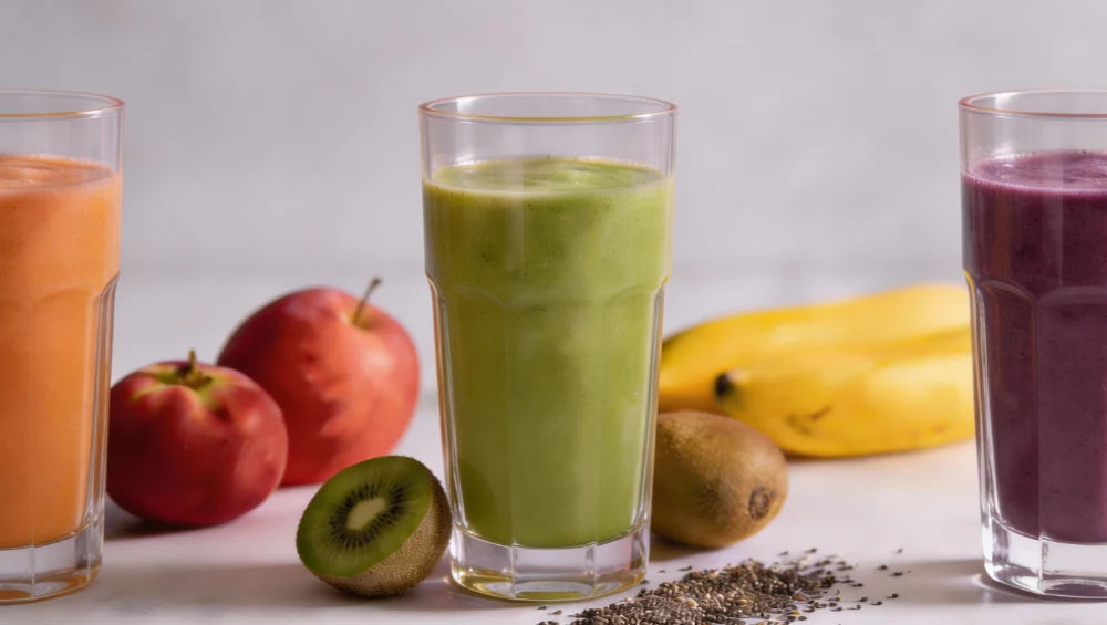 Smoothie délicieux et gourmands aux kiwi, fruits rouges et orange, apportant de nombreux nutriments.