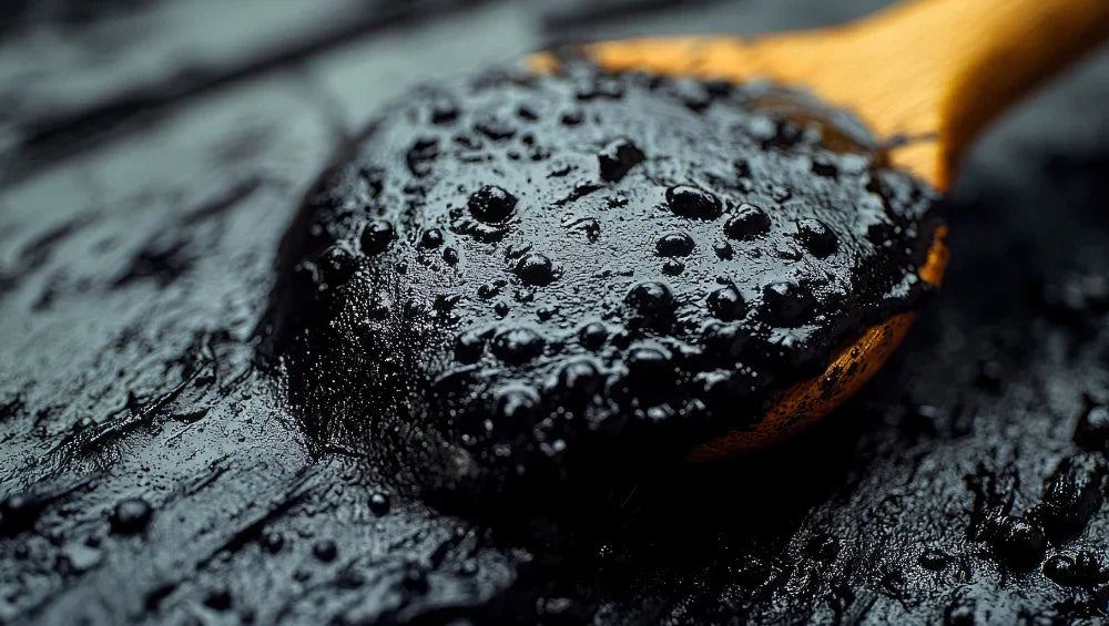 Résine de shilajit en photo, dans une cuillère en bois.  