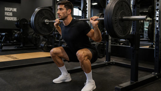 Homme musclé qui fait un back squat (barre sur les épaules) dans une salle de sport.