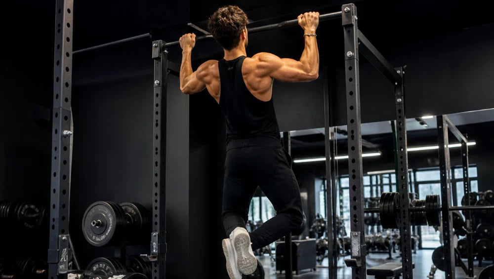 Homme qui fait une traction dans une salle de sport.
