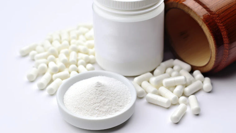 Image de poudre et gélules en glutamine. 