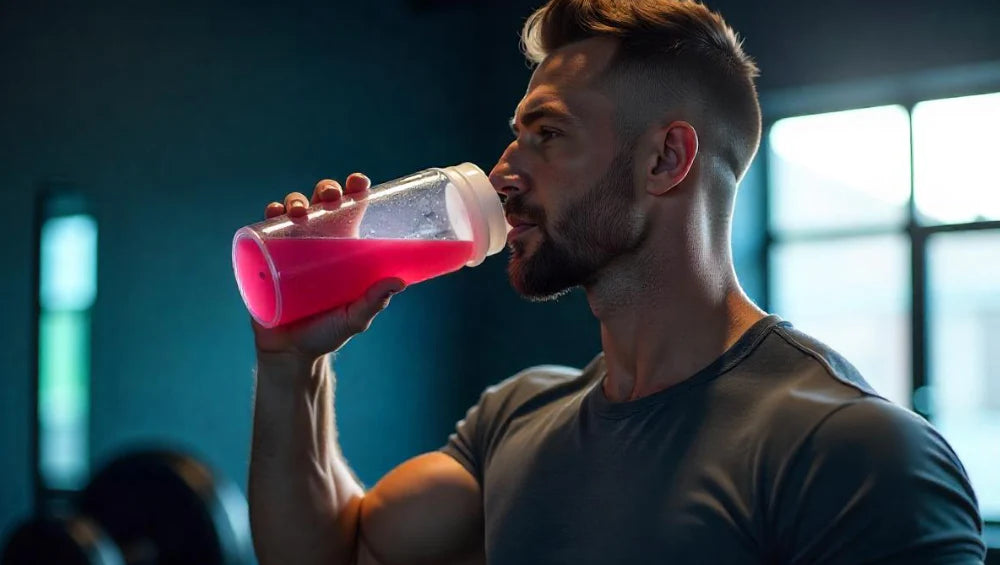 Homme qui boit BCAA (intra training). Ce sont des acide aminés essentiels.