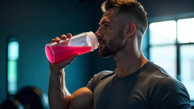 Homme qui boit BCAA (intra training). Ce sont des acide aminés essentiels.