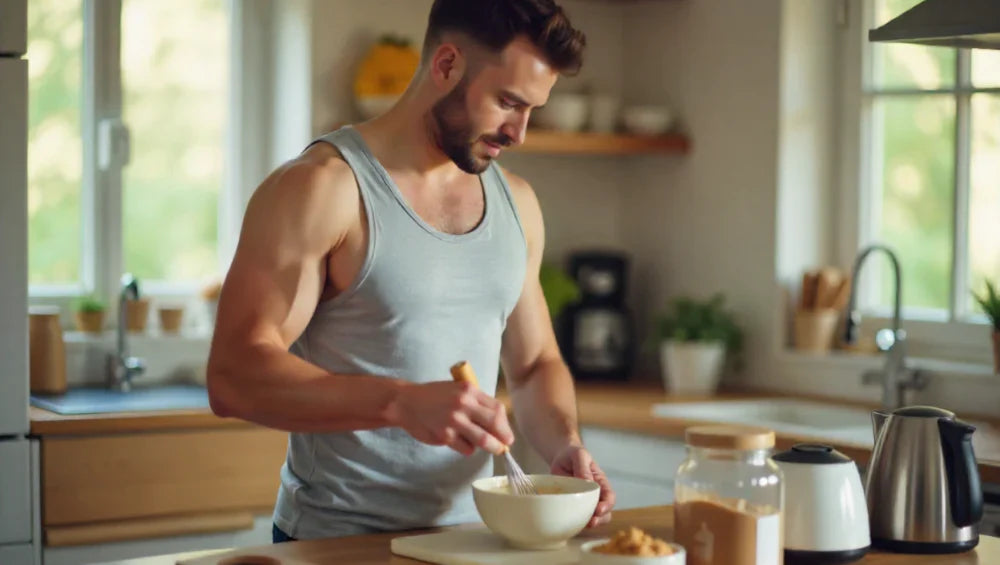 Homme qui fait une crème de riz dans sa cuisine avant d'aller à la salle de musculation