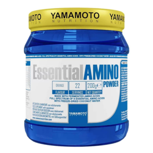 Pot d'essential amino powder Yamamoto, bleu avec couvercle jaune, sur fond blanc