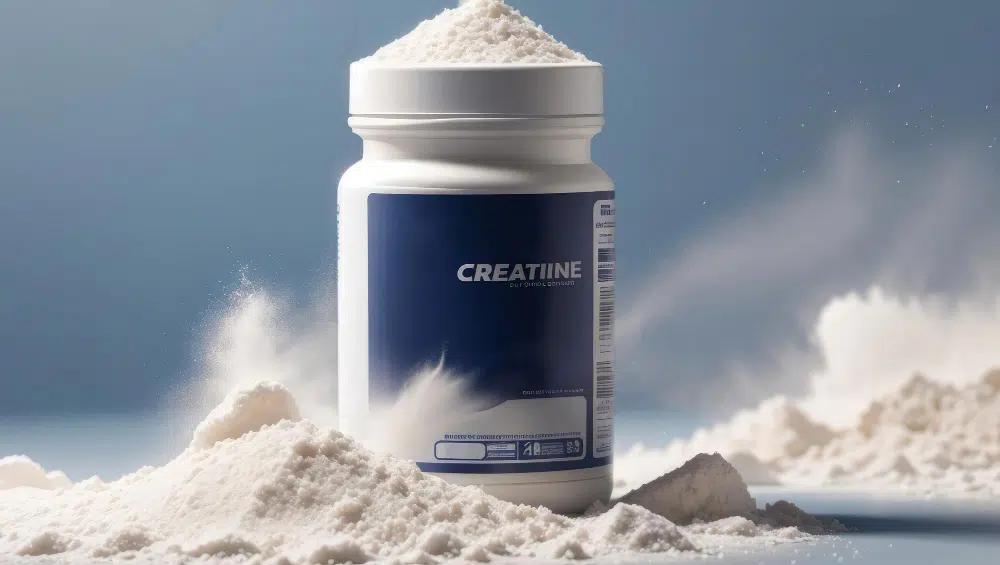 a white box of creatine with a blue label set in white creatine powder